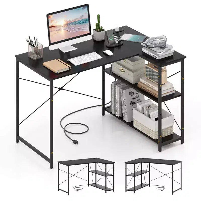 Costway L-Shaped Computer Desk with Power Outlets Adjustable shelf Heavy-Duty Metal Frame Brown/White/Black