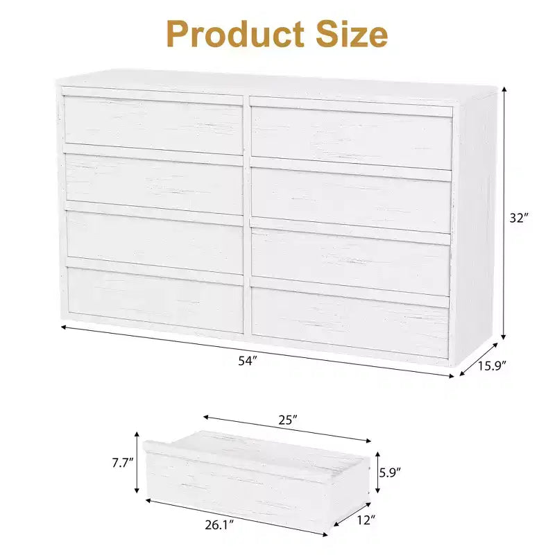 Cassettiera a 8 cassetti per camera da letto, cassettiera doppia bianca da 54 pollici con maniglie concave, comò moderno per camera da letto, soggiorno, cameretta