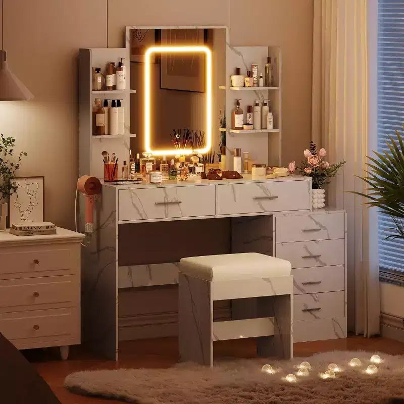 Set toeletta con specchio LED, porte di ricarica, 6 cassetti, mensole, portacapelli e sgabello, illuminazione regolabile, bianco