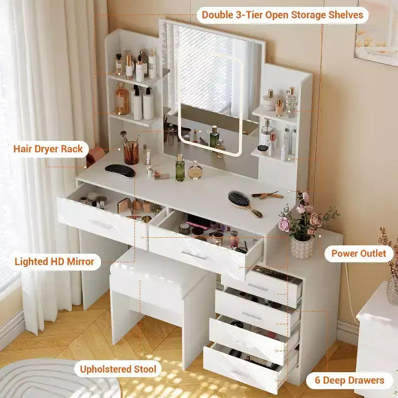 Set toeletta con specchio LED, porte di ricarica, 6 cassetti, mensole, portacapelli e sgabello, illuminazione regolabile, bianco