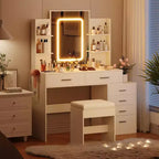 Set toeletta con specchio LED, porte di ricarica, 6 cassetti, mensole, portacapelli e sgabello, illuminazione regolabile, bianco