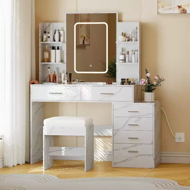 Set toeletta con specchio LED, porte di ricarica, 6 cassetti, mensole, portacapelli e sgabello, illuminazione regolabile, bianco