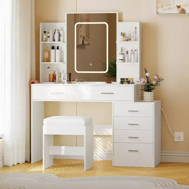 Set toeletta con specchio LED, porte di ricarica, 6 cassetti, mensole, portacapelli e sgabello, illuminazione regolabile, bianco