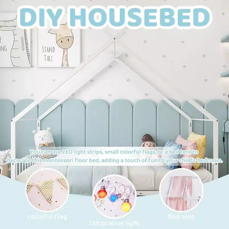 Struttura letto Montessori a pavimento per bambini, casa in metallo, misura singola