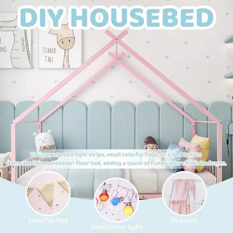 Struttura letto Montessori a pavimento per bambini, casa in metallo, misura singola