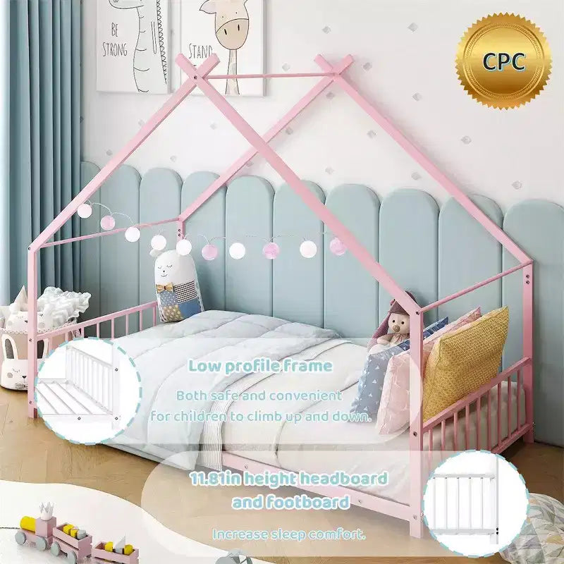Struttura letto Montessori a pavimento per bambini, casa in metallo, misura singola