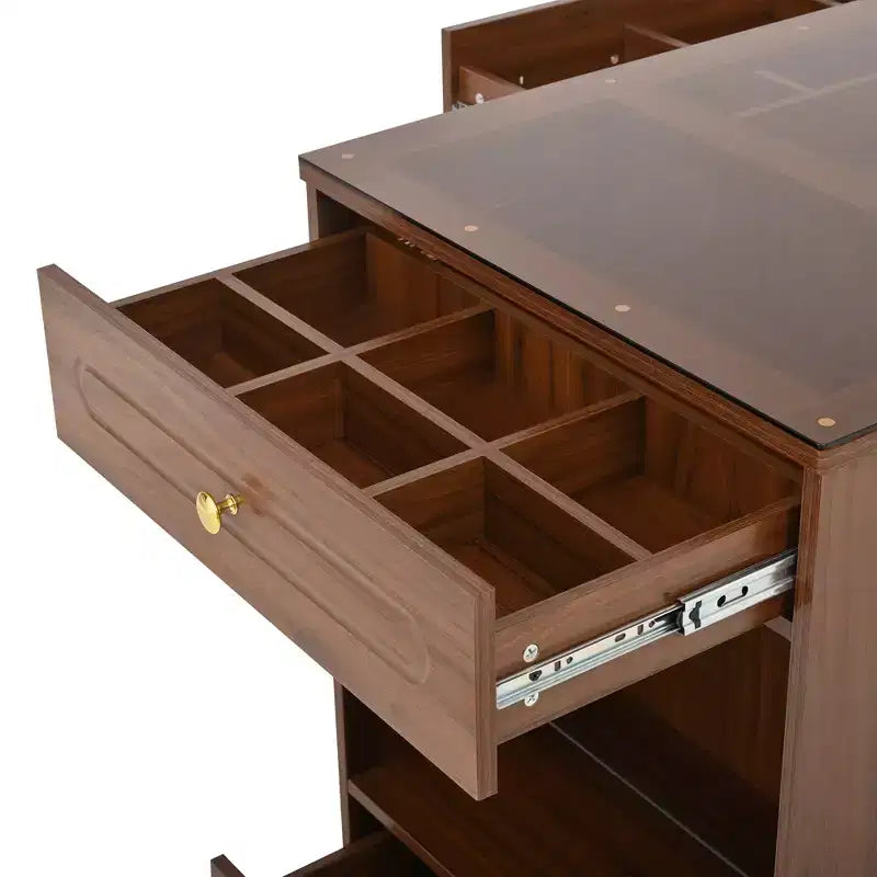 Isola Armadio con 6 Cassetti, Cassettiera con Piano in Vetro e Ripiani Aperti, Mobile Contenitore per Gioielli, Isola Espositiva