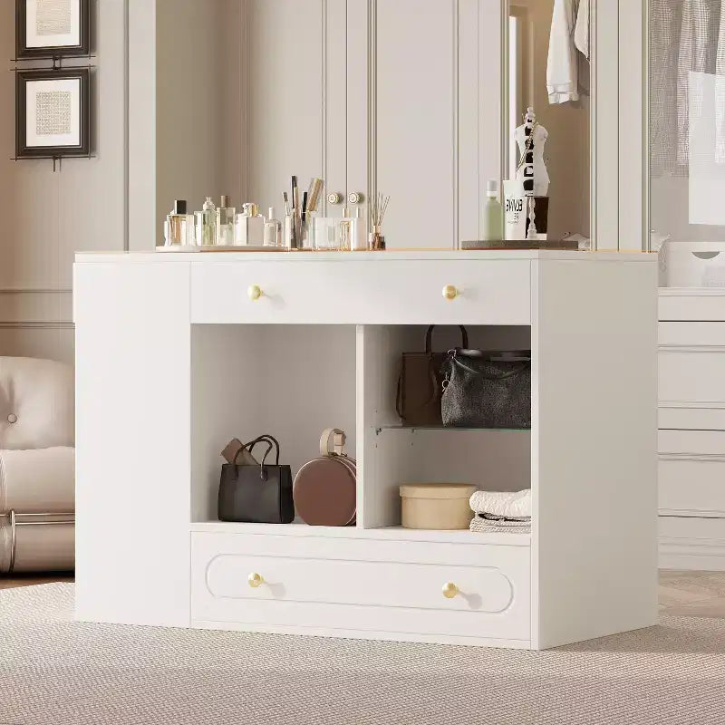 Isola Armadio con 6 Cassetti, Cassettiera con Piano in Vetro e Ripiani Aperti, Mobile Contenitore per Gioielli, Isola Espositiva