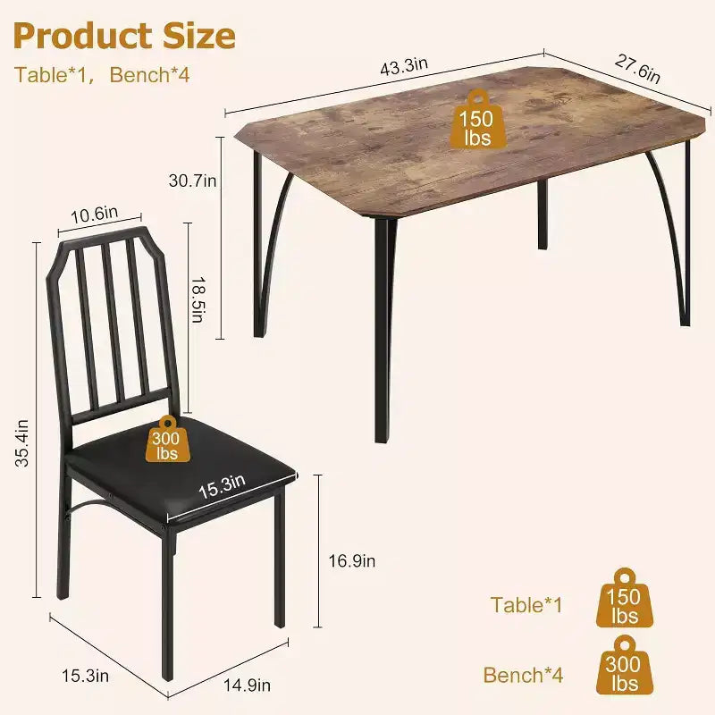 Set da pranzo per 4 persone - Tavolo e sedie da cucina compatti da 5 pezzi con design smussato, Marrone Rustico