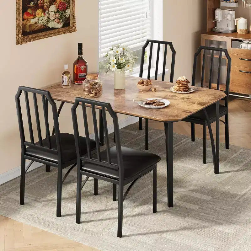Set da pranzo per 4 persone - Tavolo e sedie da cucina compatti da 5 pezzi con design smussato, Marrone Rustico
