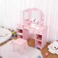 GustoWave Bophy Girls' Vanity Table and Chair Set, Kids Makeup Dressing Table with Wood Makeup Playset Toy, Kids Vanity Set with Mirror & Drawer