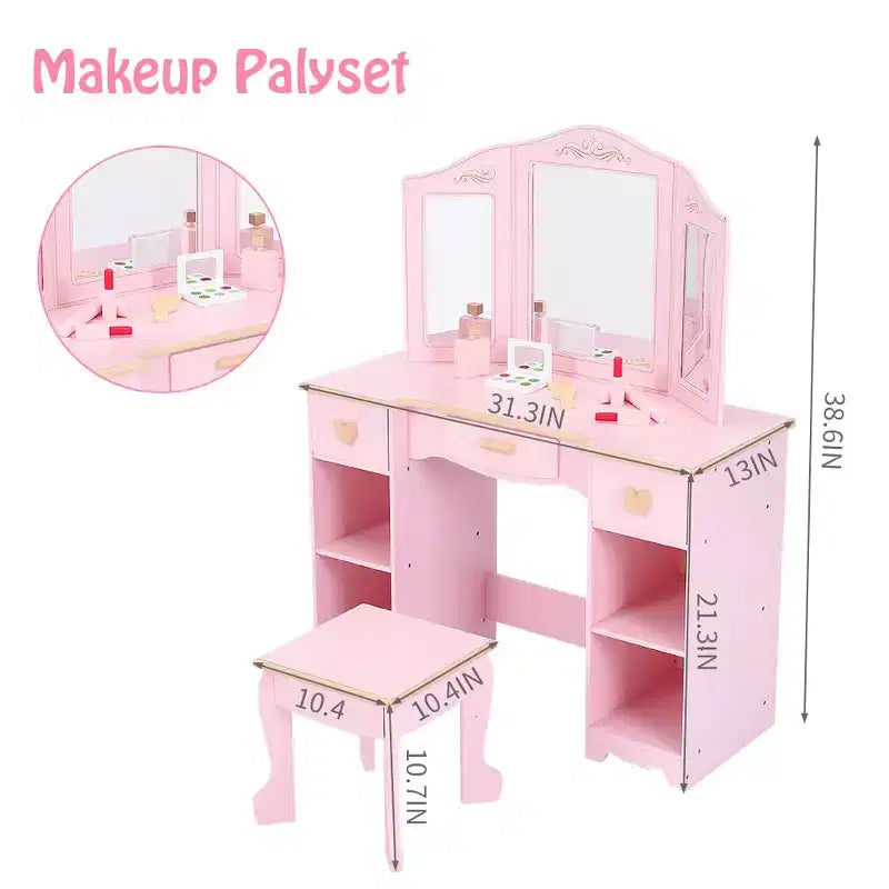 Set Tavolino Trucco e Sedia per Bambine, Tavolo da Toeletta per Bambini con Set di Giocattoli Trucco in Legno, Set Toilette per Bambini con Specchio e Cassetto