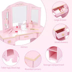 Set Tavolino Trucco e Sedia per Bambine, Tavolo da Toeletta per Bambini con Set di Giocattoli Trucco in Legno, Set Toilette per Bambini con Specchio e Cassetto