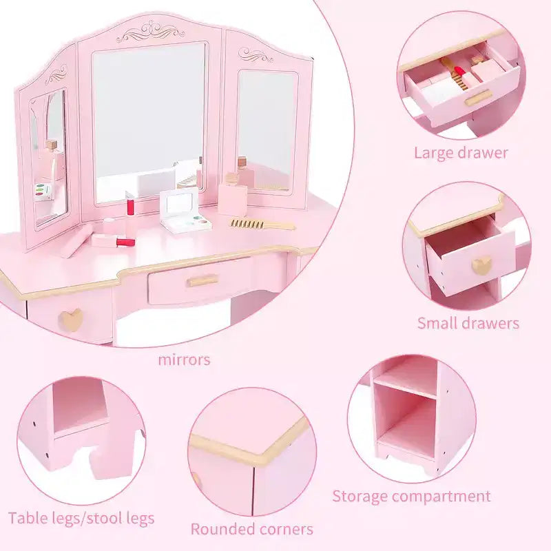 Set Tavolino Trucco e Sedia per Bambine, Tavolo da Toeletta per Bambini con Set di Giocattoli Trucco in Legno, Set Toilette per Bambini con Specchio e Cassetto