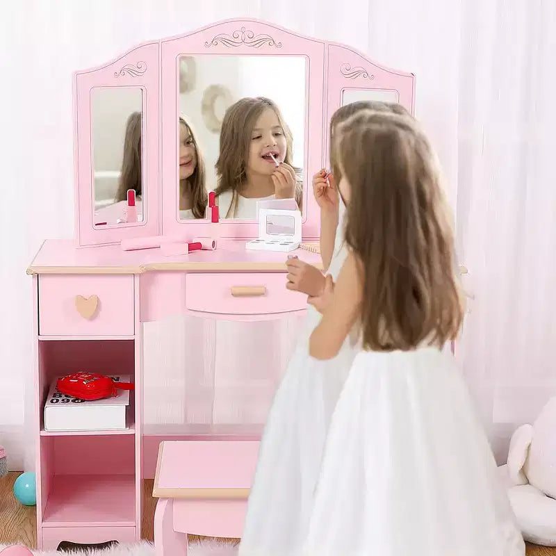 Set Tavolino Trucco e Sedia per Bambine, Tavolo da Toeletta per Bambini con Set di Giocattoli Trucco in Legno, Set Toilette per Bambini con Specchio e Cassetto
