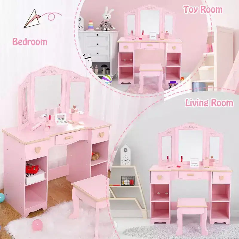Set Tavolino Trucco e Sedia per Bambine, Tavolo da Toeletta per Bambini con Set di Giocattoli Trucco in Legno, Set Toilette per Bambini con Specchio e Cassetto