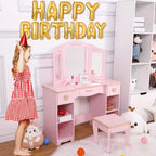 Set Tavolino Trucco e Sedia per Bambine, Tavolo da Toeletta per Bambini con Set di Giocattoli Trucco in Legno, Set Toilette per Bambini con Specchio e Cassetto