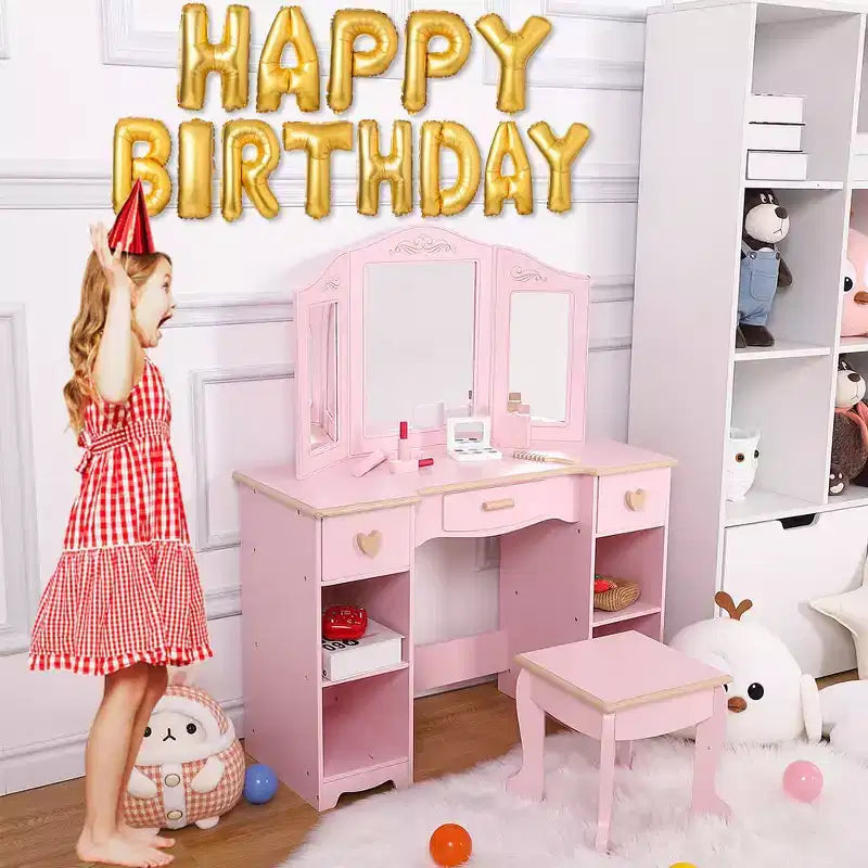Set Tavolino Trucco e Sedia per Bambine, Tavolo da Toeletta per Bambini con Set di Giocattoli Trucco in Legno, Set Toilette per Bambini con Specchio e Cassetto