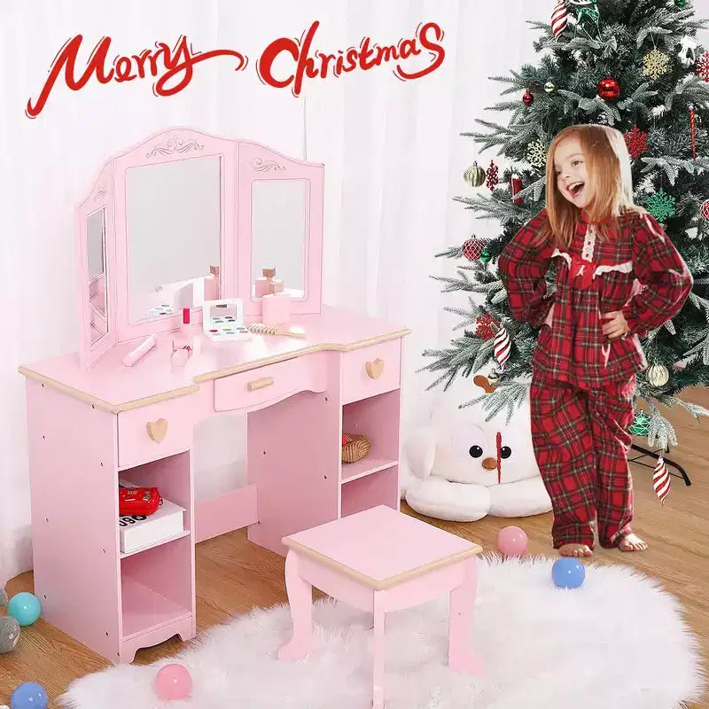Set Tavolino Trucco e Sedia per Bambine, Tavolo da Toeletta per Bambini con Set di Giocattoli Trucco in Legno, Set Toilette per Bambini con Specchio e Cassetto