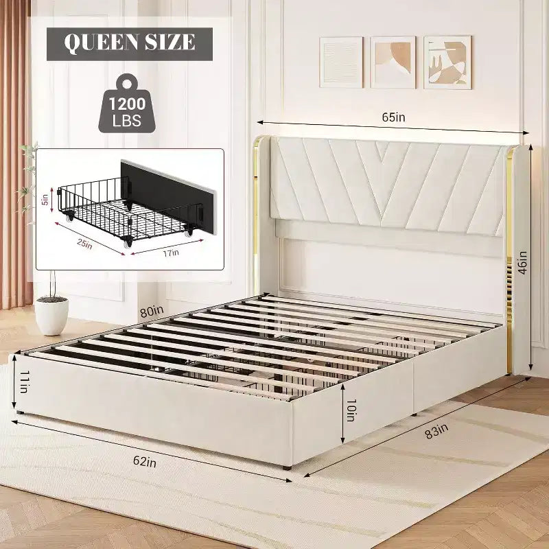 Letto Queen Size - Luci LED e Cassetti Contenitore