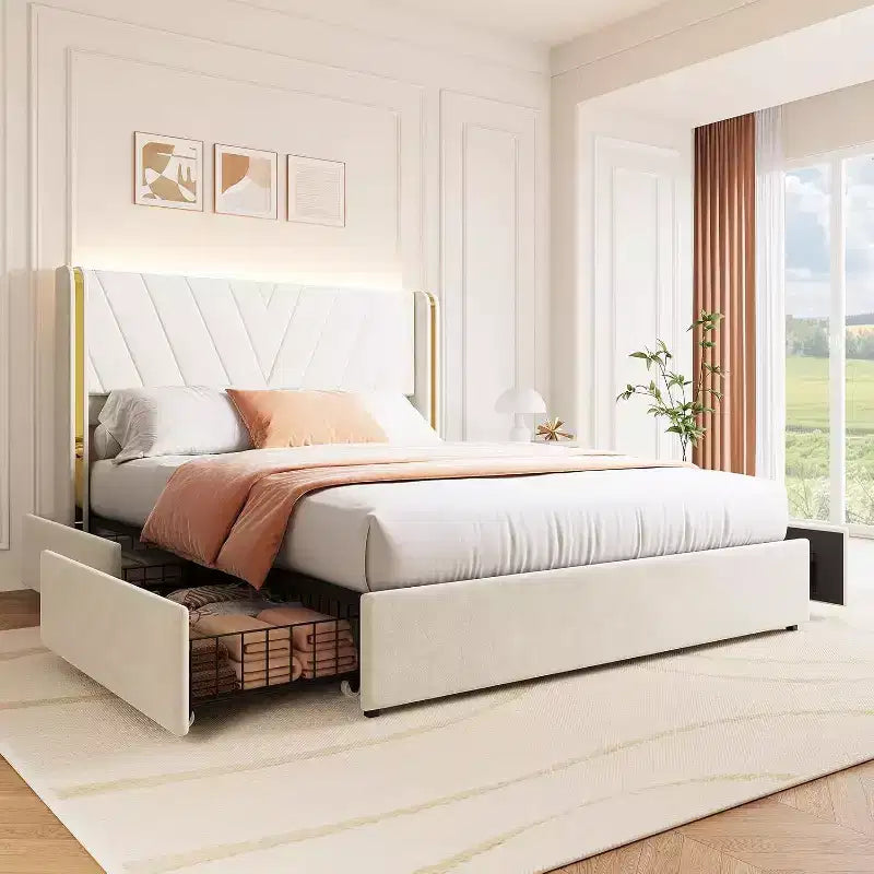 Letto Queen Size - Luci LED e Cassetti Contenitore