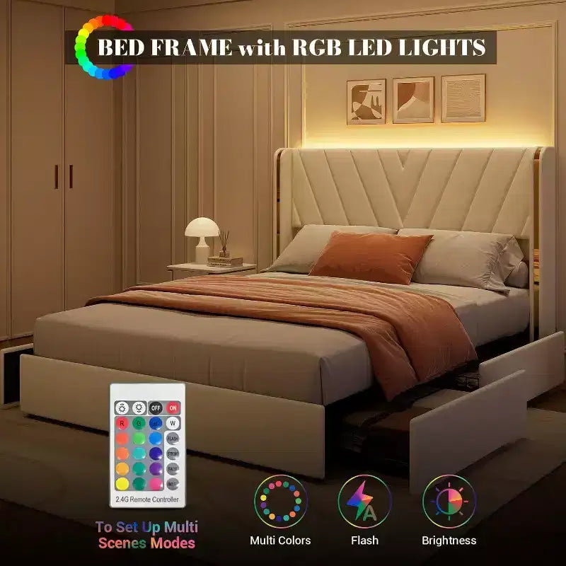 Letto Queen Size - Luci LED e Cassetti Contenitore