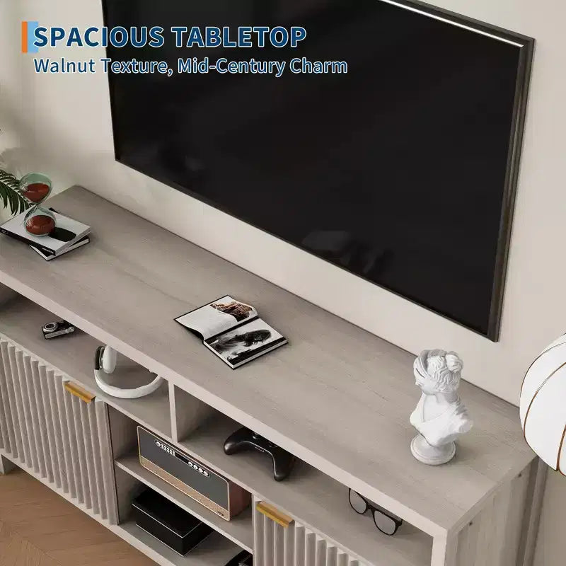 Mobile TV alto testurizzato da 150 cm per soggiorno, centro di intrattenimento resistente con contenitore, mobile TV di metà secolo per TV da 50/55/60/65 pollici
