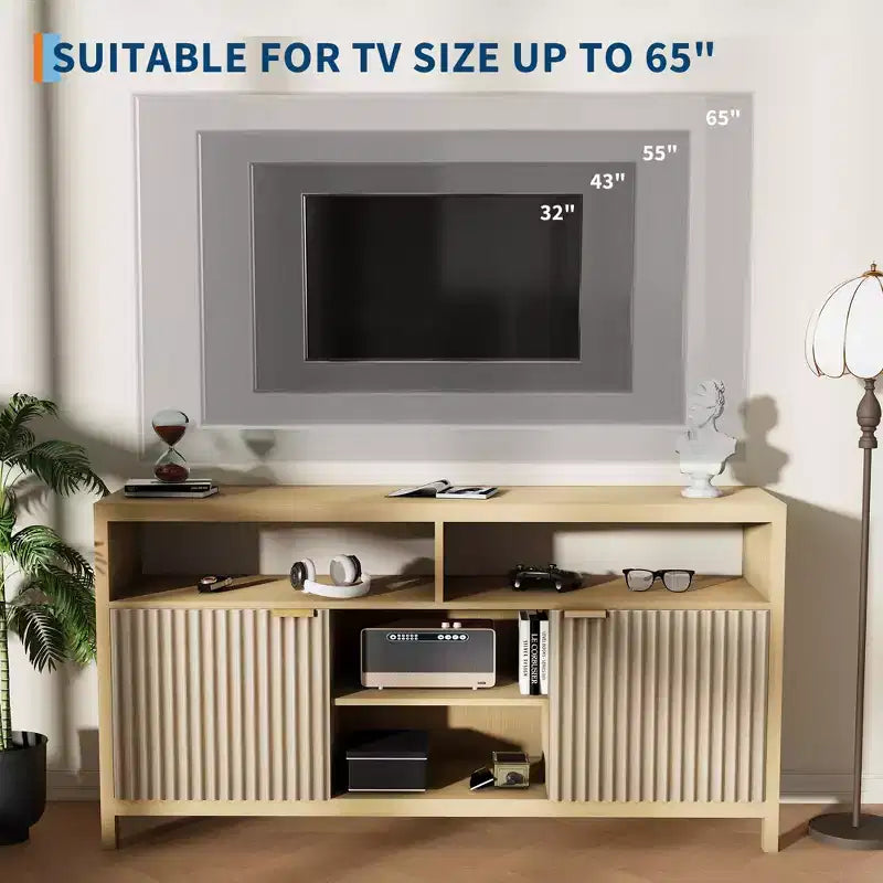 Mobile TV alto testurizzato da 150 cm per soggiorno, centro di intrattenimento resistente con contenitore, mobile TV di metà secolo per TV da 50/55/60/65 pollici