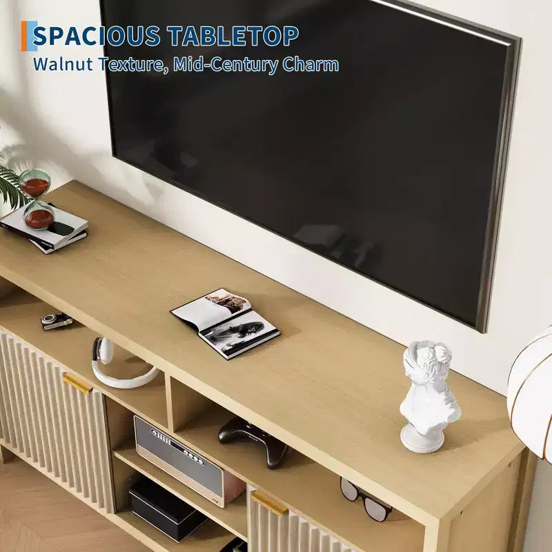 Mobile TV alto testurizzato da 150 cm per soggiorno, centro di intrattenimento resistente con contenitore, mobile TV di metà secolo per TV da 50/55/60/65 pollici