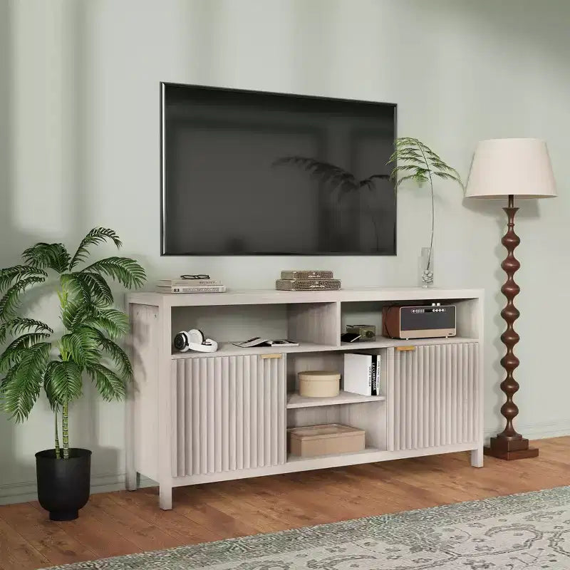 Mobile TV alto testurizzato da 150 cm per soggiorno, centro di intrattenimento resistente con contenitore, mobile TV di metà secolo per TV da 50/55/60/65 pollici