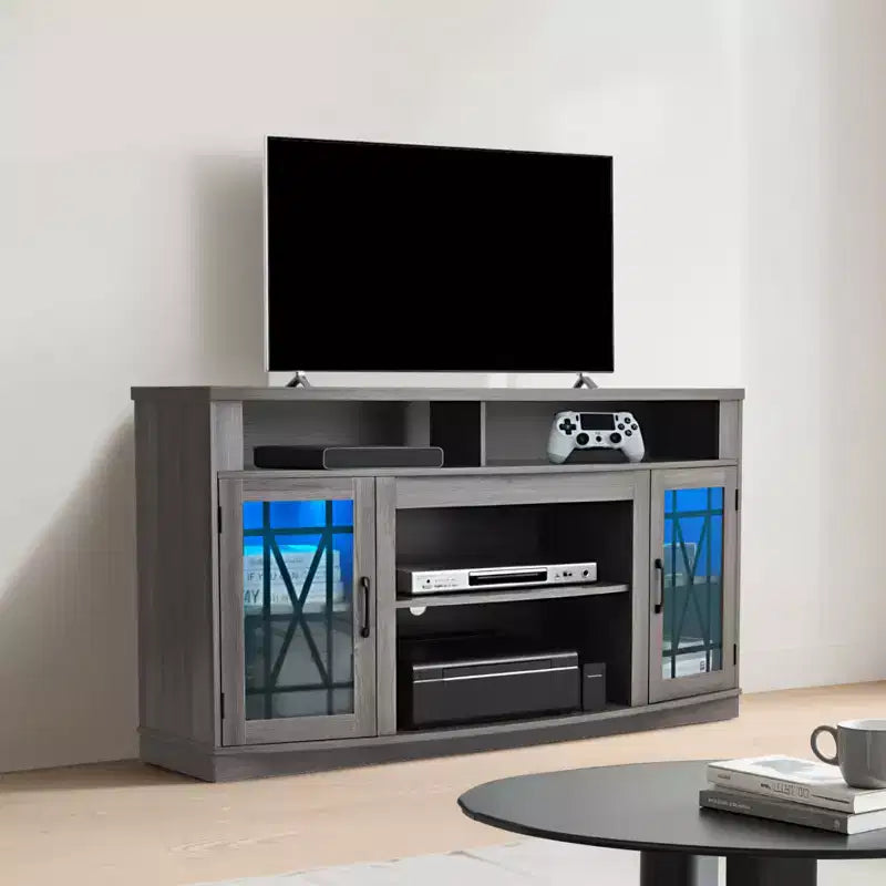 Mobile porta TV per TV fino a 65 pollici, mobile TV in stile rustico con striscia luminosa, mobile TV in legno con ante in vetro, grigio