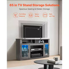 Mobile porta TV per TV fino a 65 pollici, mobile TV in stile rustico con striscia luminosa, mobile TV in legno con ante in vetro, grigio