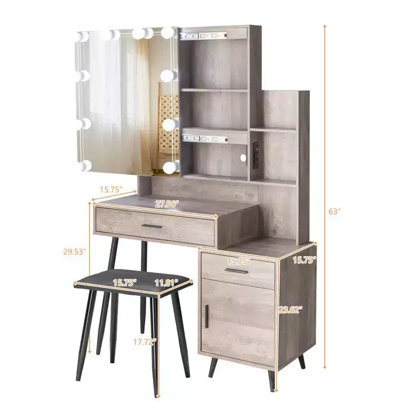 Set Toilette Composto da: Pannello di Truciolato Grigio con Impiallacciatura in Triamina, Gambe in Ferro, 2 Cassetti, 1 Anta, 2 Ripiani, Armadietto a Specchio, Lampadina Dimmerabile a Tre Colori, Spina Integrata