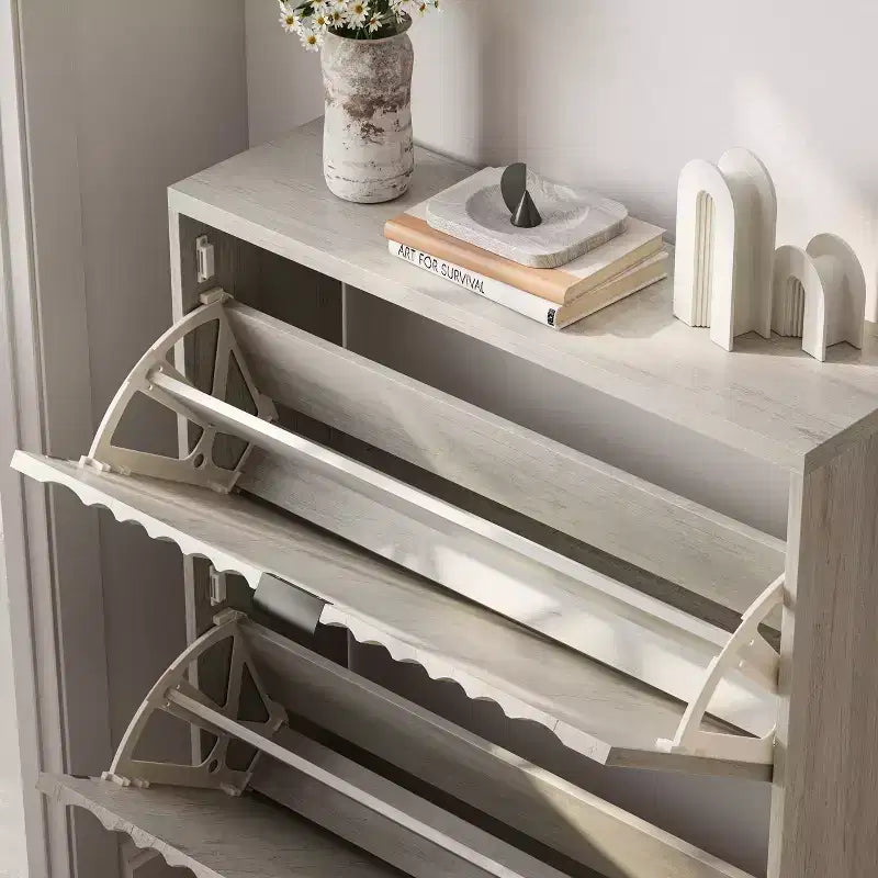 Scarpiera con ante a onda, Scarpiera da ingresso, Scarpiera moderna con 2 cassetti a ribalta per corridoio, ripostiglio, ingresso, armadio, grigio