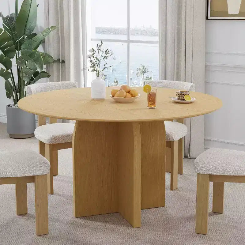 Tavolo da pranzo rotondo 52 x 52 in legno massello con finitura naturale ed eleganti gambe ad arco per sale da pranzo e cucine moderne