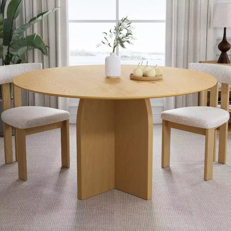 Tavolo da pranzo rotondo 52 x 52 in legno massello con finitura naturale ed eleganti gambe ad arco per sale da pranzo e cucine moderne