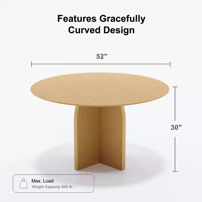 Tavolo da pranzo rotondo 52 x 52 in legno massello con finitura naturale ed eleganti gambe ad arco per sale da pranzo e cucine moderne
