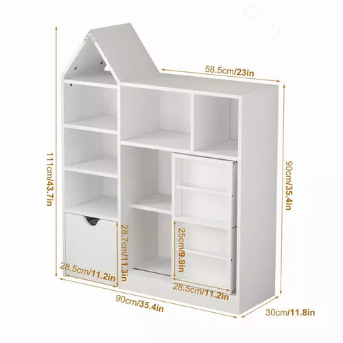 43.7 Organizzatore portagiochi e libreria per bambini, Cofanetto portagiochi con cassetti e scomparti mobili, Contenitore da pavimento per sala giochi, camera da letto, aula, Bianco