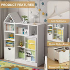 43.7 Organizzatore portagiochi e libreria per bambini, Cofanetto portagiochi con cassetti e scomparti mobili, Contenitore da pavimento per sala giochi, camera da letto, aula, Bianco