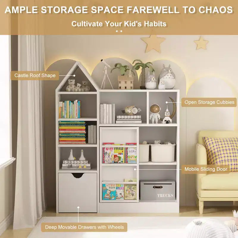 43.7 Organizzatore portagiochi e libreria per bambini, Cofanetto portagiochi con cassetti e scomparti mobili, Contenitore da pavimento per sala giochi, camera da letto, aula, Bianco