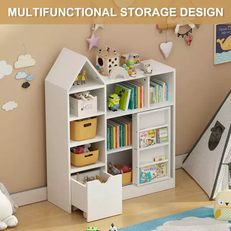 43.7 Organizzatore portagiochi e libreria per bambini, Cofanetto portagiochi con cassetti e scomparti mobili, Contenitore da pavimento per sala giochi, camera da letto, aula, Bianco