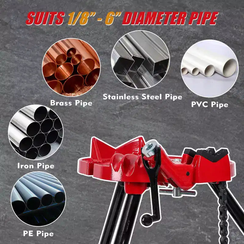 Morsa per tubi, supporto a treppiede capacità 1/8"-6" - gambe pieghevoli in acciaio per taglio, piegatura, filettatura di tubi, per installatori e idraulici