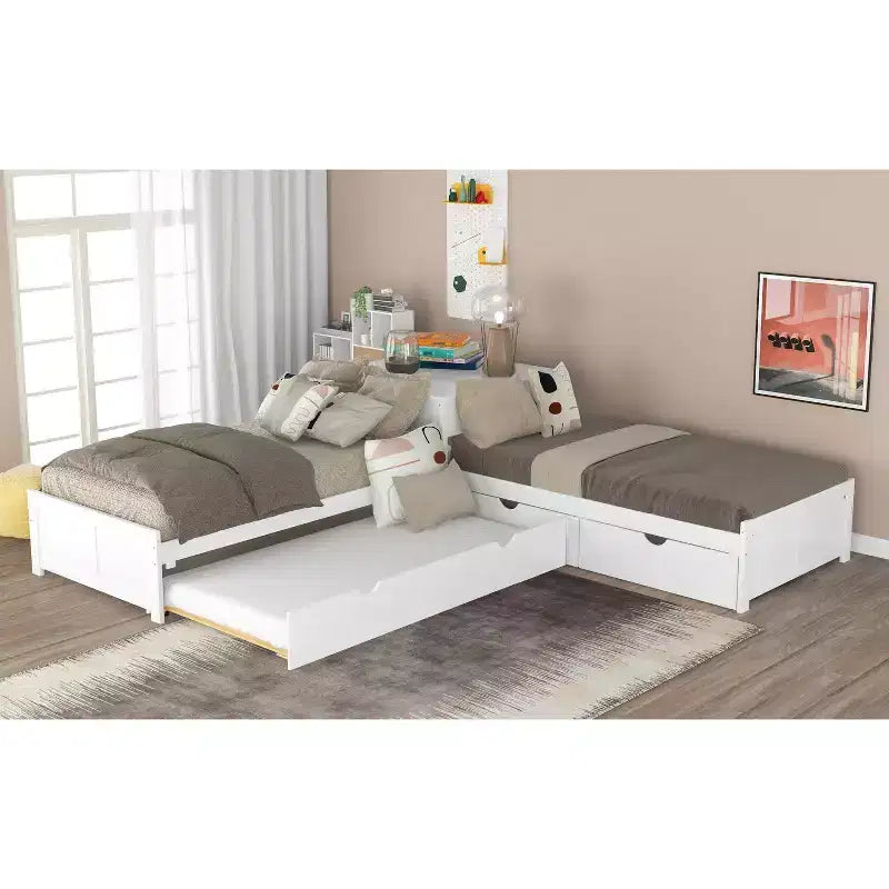 Letto a piattaforma a L con letto estraibile e cassetti, collegato a una scrivania integrata, singolo, bianco