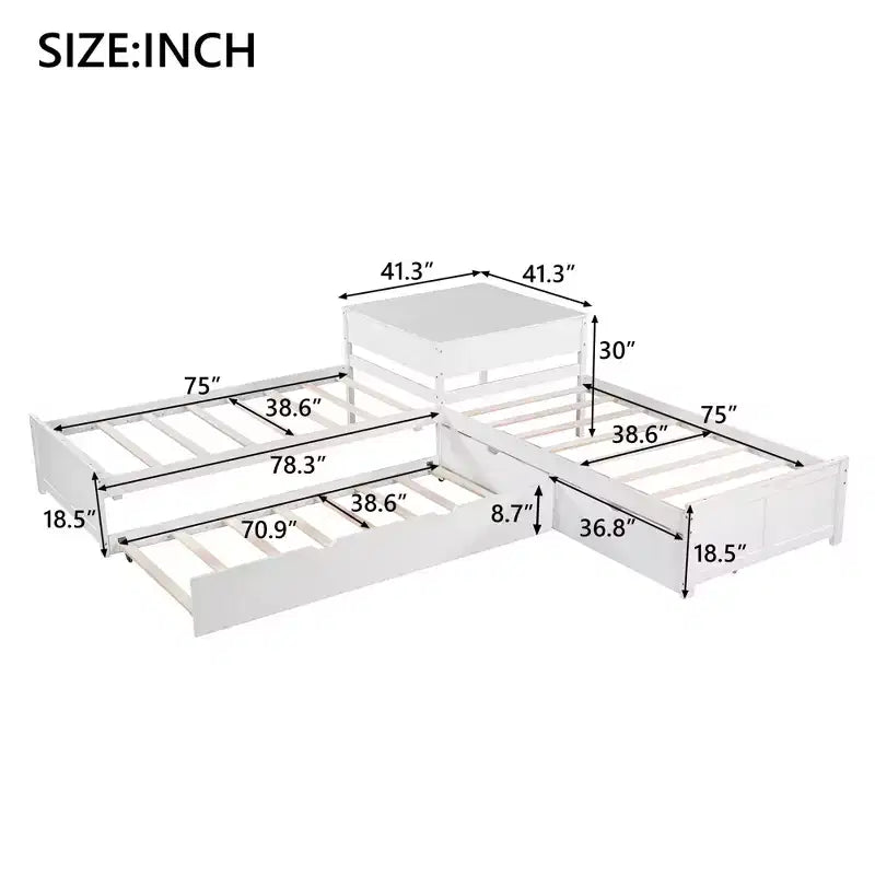 Letto a piattaforma a L con letto estraibile e cassetti, collegato a una scrivania integrata, singolo, bianco