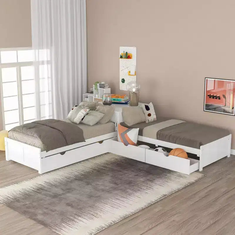 Letto a piattaforma a L con letto estraibile e cassetti, collegato a una scrivania integrata, singolo, bianco
