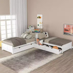 Letto a piattaforma a L con letto estraibile e cassetti, collegato a una scrivania integrata, singolo, bianco