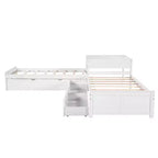 Letto a piattaforma a L con letto estraibile e cassetti, collegato a una scrivania integrata, singolo, bianco
