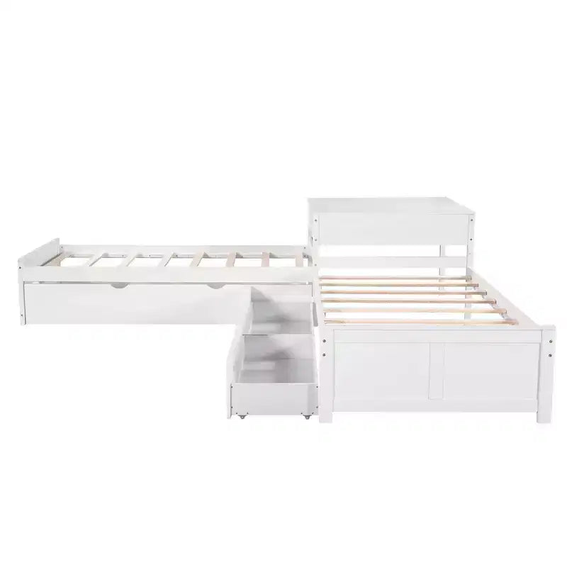 Letto a piattaforma a L con letto estraibile e cassetti, collegato a una scrivania integrata, singolo, bianco