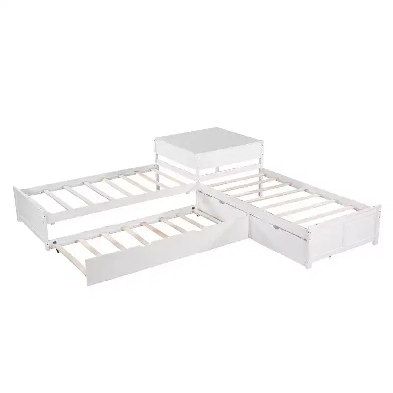 Letto a piattaforma a L con letto estraibile e cassetti, collegato a una scrivania integrata, singolo, bianco
