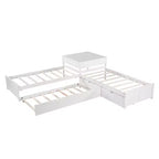 Letto a piattaforma a L con letto estraibile e cassetti, collegato a una scrivania integrata, singolo, bianco